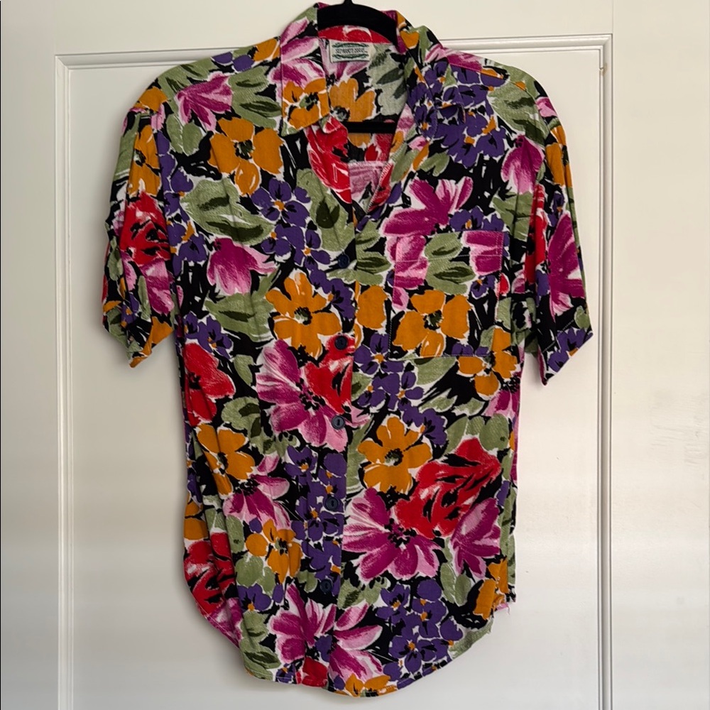 Standard Issue Red and Purple Button Down Shirt with Floral Design